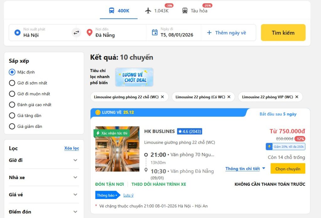 Đặt vé xe Hà Nội Đà Nẵng qua nền tảng đặt vé